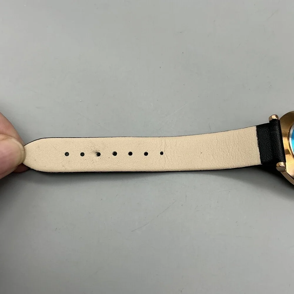 Nine West Womens Watch 36mm MOP Dial Rose Gold Black Faux Leather Minimalist